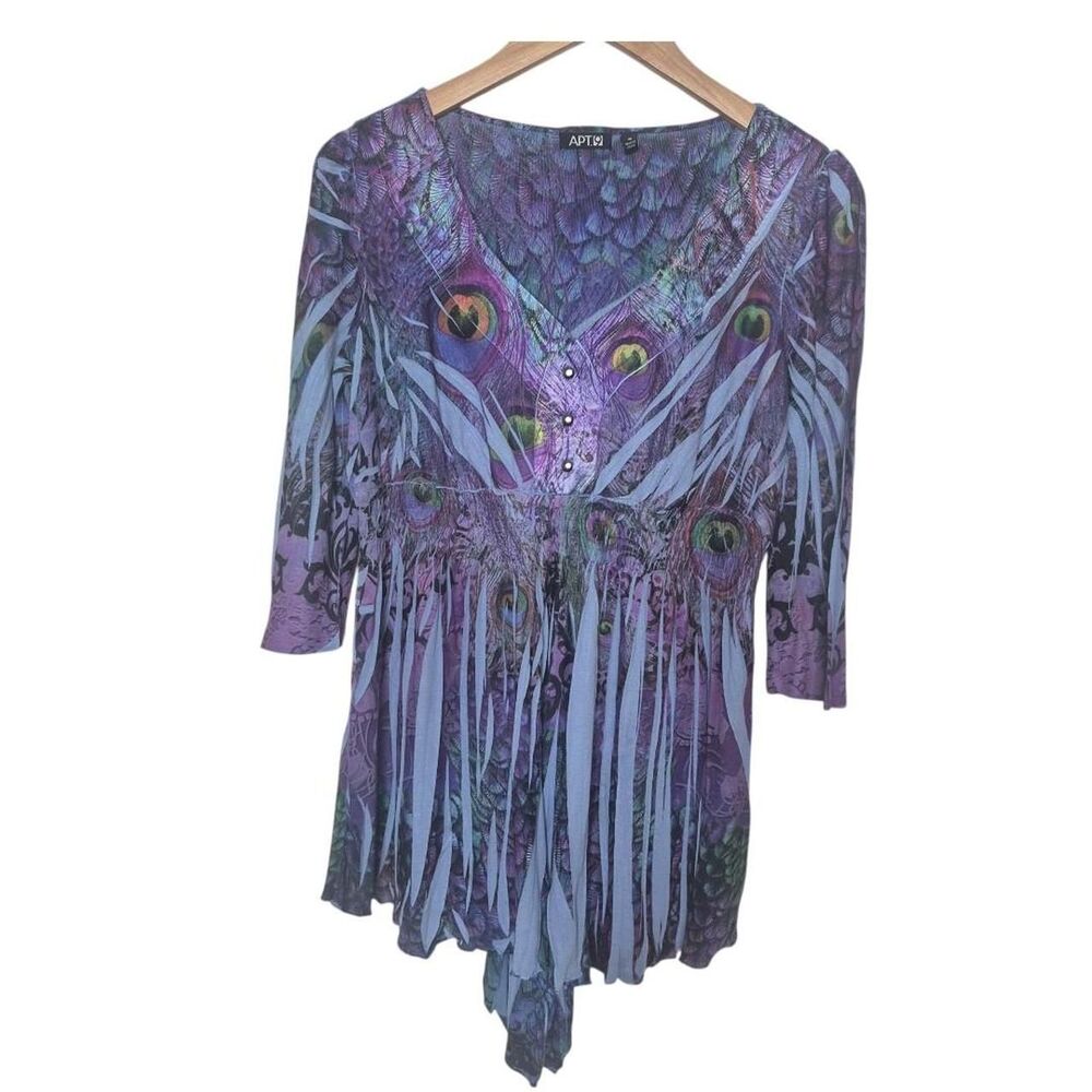 Apt. 9 Blue Purple 3/4 Sleeve V-neck Peacock Feather Top Fairy Size Medium